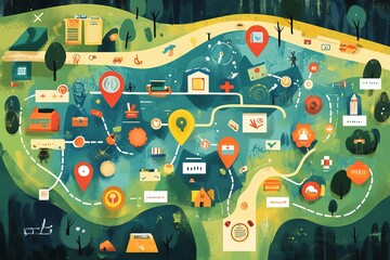 creative illustration of retirement journey map with milestones marked by vibrant icons