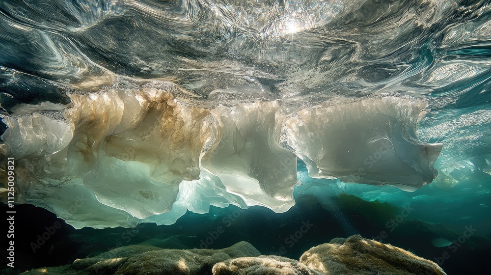 Poster close-up of underwater ice formations, with translucent edges and refracted light creating shimmerin