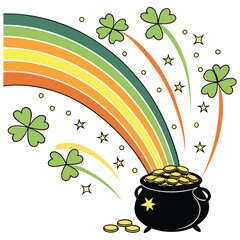 Pot of Gold Burst Vector Design with Rainbow, Clovers, and Sparkles for St. Patrick's Day