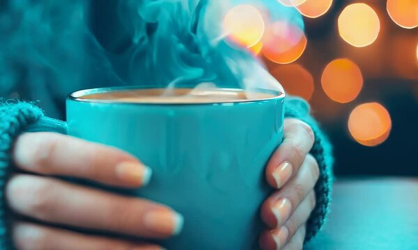 A cozy scene featuring hands wrapped around a blue coffee mug, set against a backdrop of softly bokeh, glowing lights, evoking warmth and comfort.