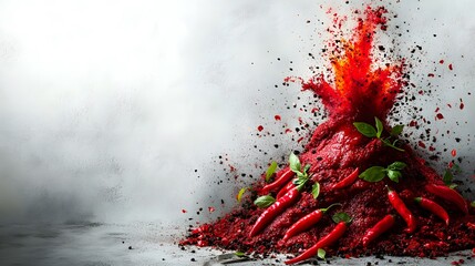 Vindaloo explodes with vibrant colors as a burst of spices and chilies creates a dramatic visual feast, capturing the essence of rich flavors and culinary traditions.