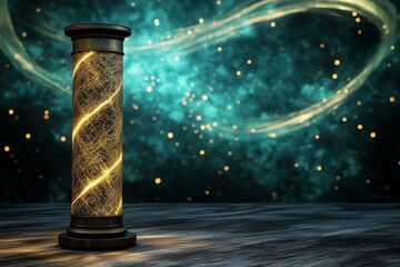 A magical scroll-like document glowing with ancient runes and surrounded by swirling golden light, resting on a mystical pedestal