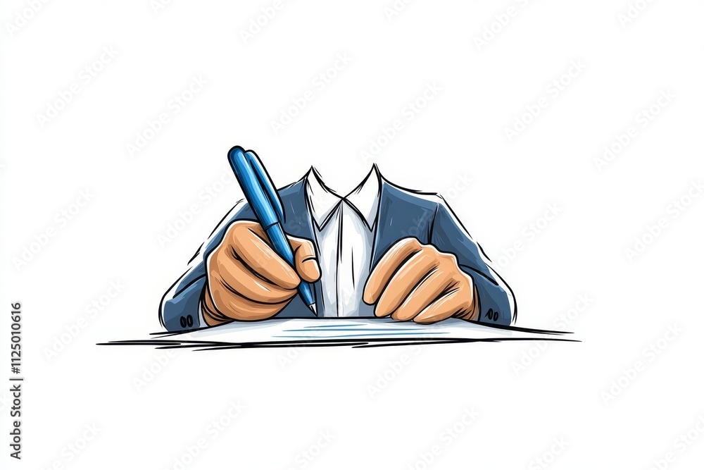 Poster a minimalist depiction of a signed document with a clean blue signature line, drawn against a white 