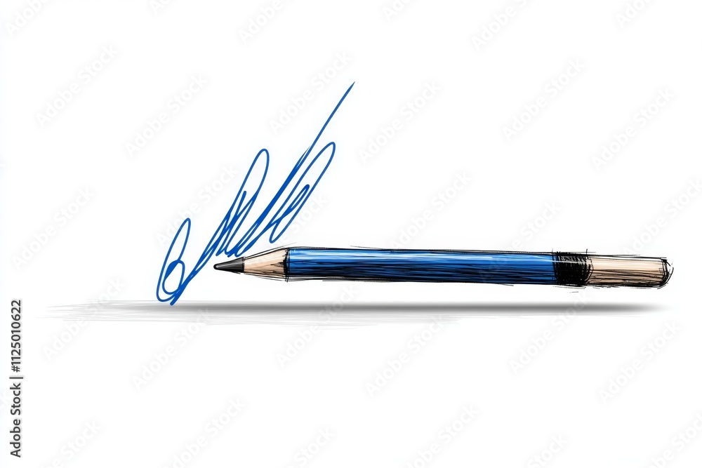 Poster a minimalist depiction of a signed document with a clean blue signature line, drawn against a white 