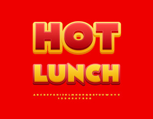 Vector bright advertisement Hot Lunch for Cafe and Restaurant. Modern Yellow and Red Font. Trendy Alphabet Letters and Numbers set.