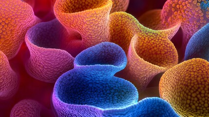 Microscopic blood cells glow with vibrant hues, their intricate textures stretching and twisting into surreal forms under the microscope.