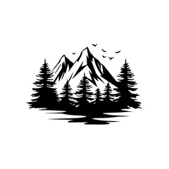 Vector blue mountain landscape with clean sky, birds flying and calm river and tree silhouettes
