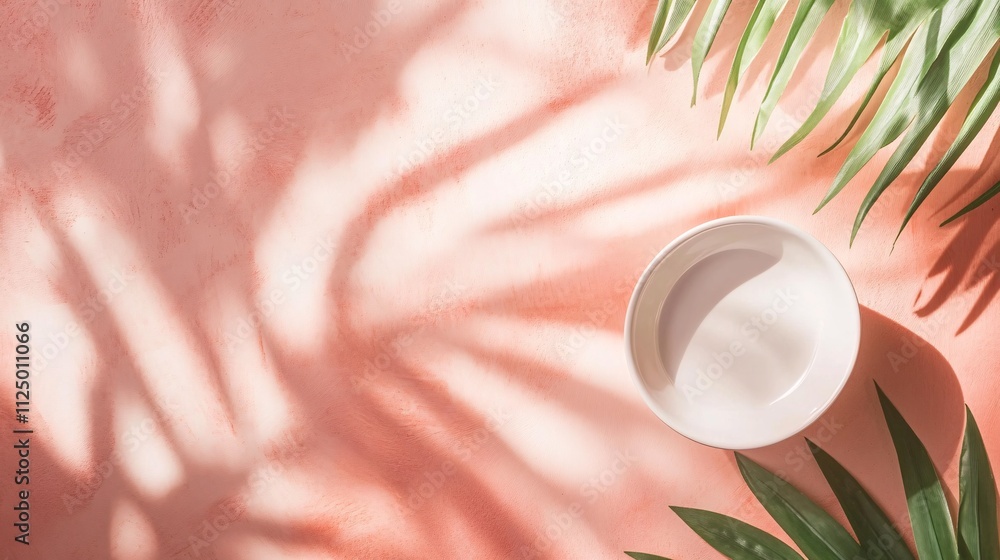 Aufkleber empty white bowl on coral background with palm tree leaves and shadows