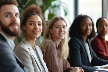 Obraz premium Diverse Business Professionals Engage In Discussions At A Conference Or Seminar, With Young And Mature Individuals Meeting In An Office, Set Against A Banner Background.