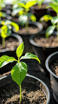 Growing healthy plants in pots during the day in a greenhouse environment with natural lighting
