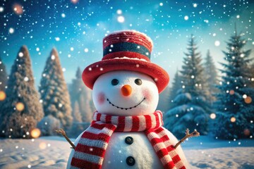 Obraz premium Friendly Snowman Winter Wonderland Snow Photography, Red Hat, Striped Scarf, Christmas Snow Scene