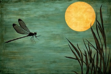 A moody depiction of a dragonfly illuminated by moonlight, hovering above a mysterious, mist-filled swamp