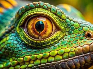 Fototapeta premium Close-Up of a Stunning Reptile with Vivid Yellow and Green Eye Highlighted in Tilt-Shift Photography for Nature Enthusiasts and Wildlife Lovers