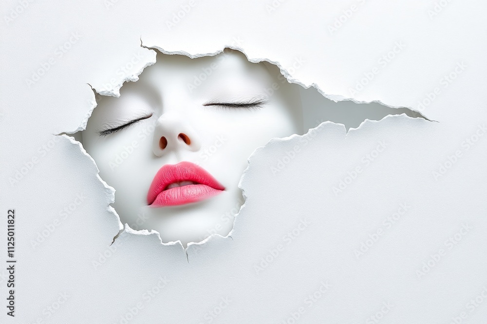 Poster a mysterious image of a woman face covered by soft tissue, blending abstract expression with subtle 