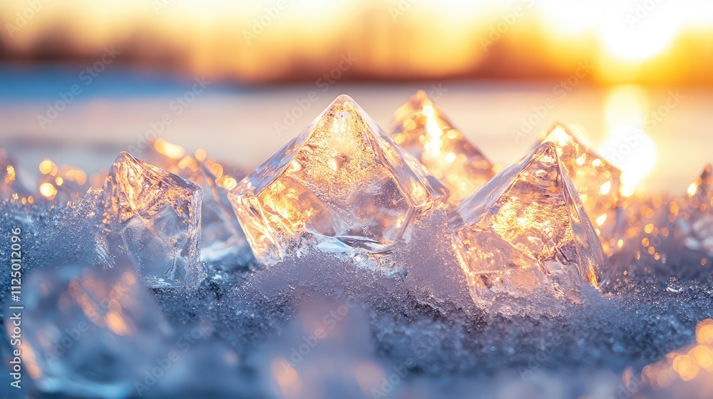 Poster crisp, angular ice formations creating geometric shapes like diamonds and hexagons, glowing under so