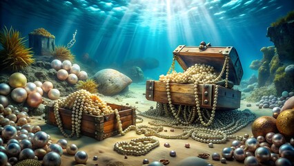 Sunken Treasure Chest with Pearls and Golden Artifacts Underwater