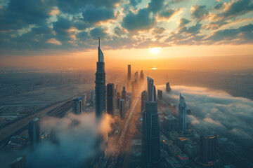Naklejka premium Beautiful aerial view of buildings against the sunset.