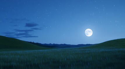 Fototapeta premium Serene Night Scene with Tall Grasses Under a Full Moon and Starry Sky