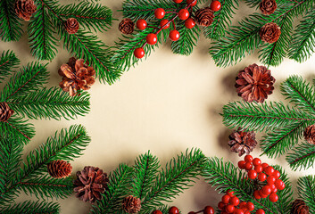 Christmas background. New Year and Christmas decorations as a festive background. Top view.