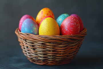 Naklejka premium A colorful assortment of decorated Easter eggs in a woven basket.