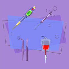 Medical instruments illustration set. Blood bag, digital medical thermometer, syringe, pincers and scalpel. Medicine concept. Vector illustrations for topics like hospital, healthcare, volunteering