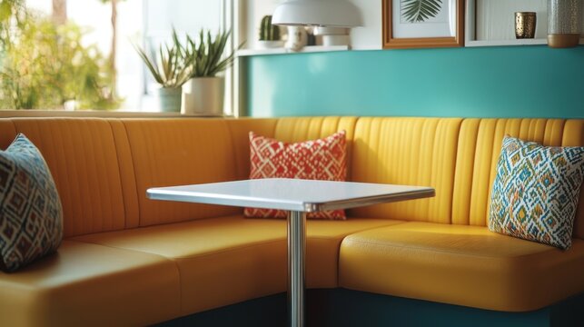 Corner booth diner seating retro cozy vibrant against clean background versatile interior setup