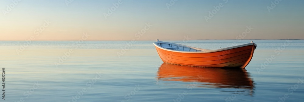 Poster a solitary wooden boat drifts peacefully on still water as the sun sets, creating a serene backdrop 