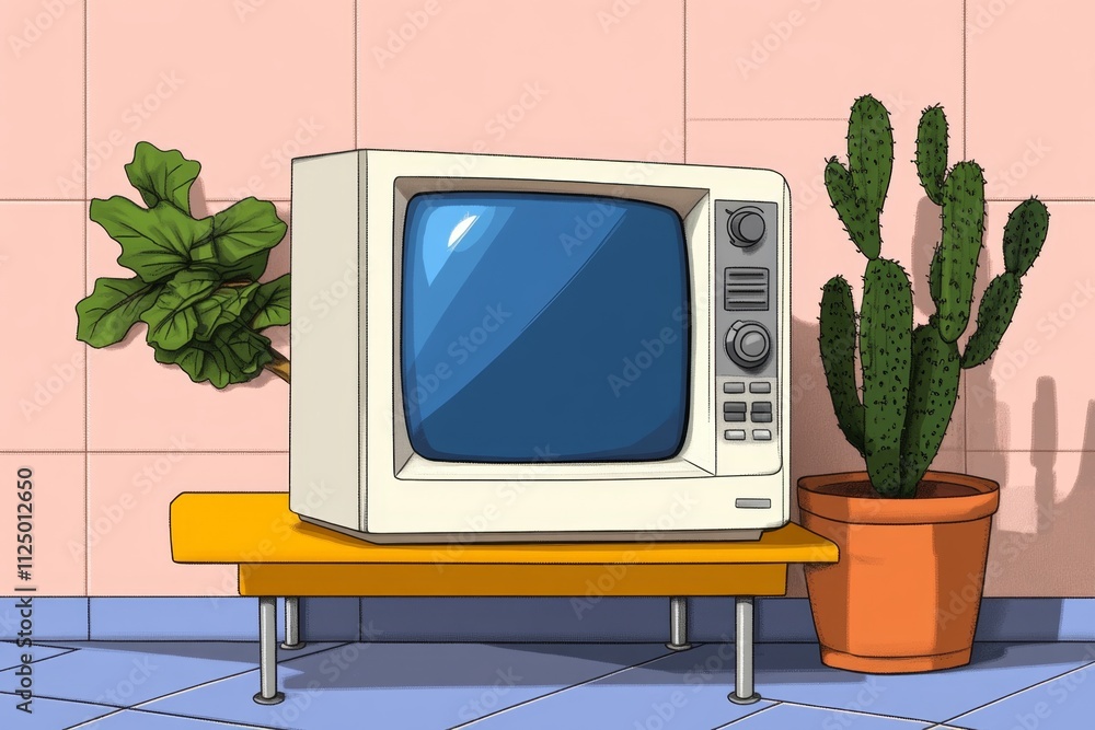 Poster a pixel art depiction of a dvd player on a retro-style tv stand, with an animated disc spinning insi