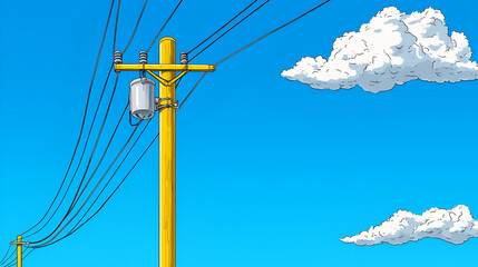 Fototapeta premium A bright blue sky with fluffy clouds and a yellow utility pole with power lines creates a vibrant rural scene.