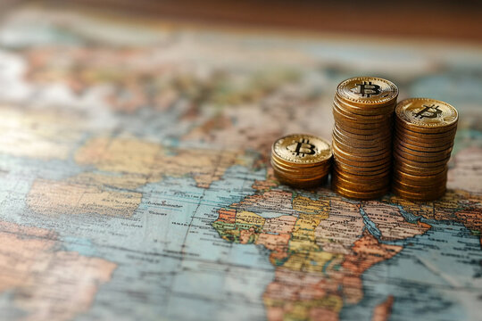 digital currency exchange with global map, bitcoin,generative ai