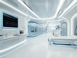 Futuristic hospital room, sterile yet welcoming design with smart technology, 3D illustration