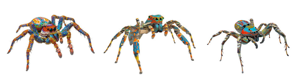 Colorful and Vibrant Spider Trio Displaying Unique Patterns and Textures in isolate white background 