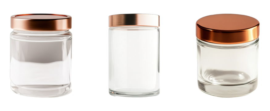 Empty glass jars with different shapes with gold lids isolated on transparent background