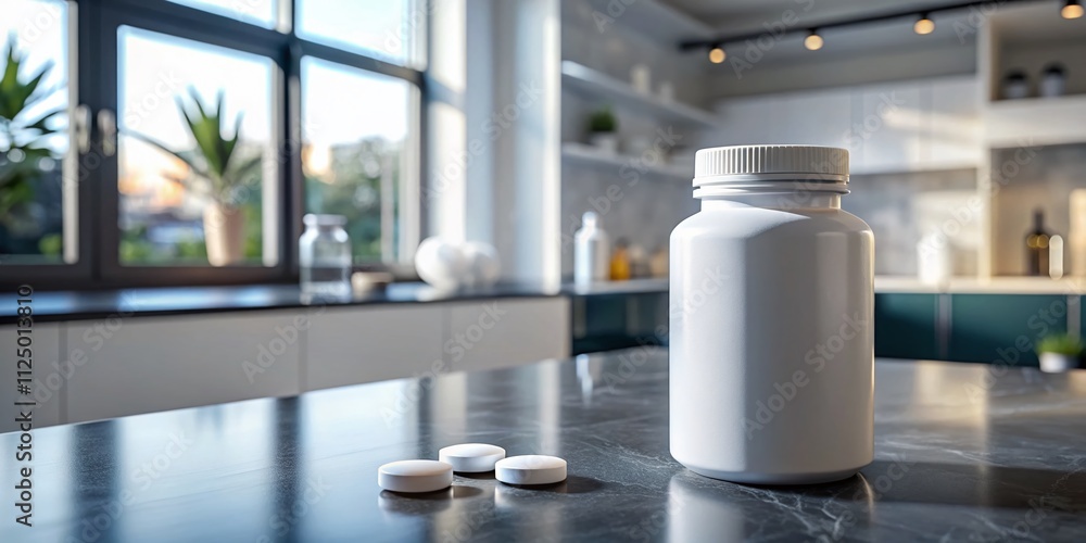 Poster close-up of a white pill bottle on a modern countertop emphasizing clean lines and minimalist design