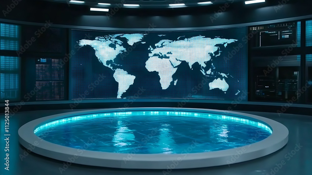 Poster modern news studio background featuring a world map on a high-tech digital screen