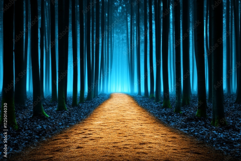 Aufkleber a serene image of a foggy forest path illuminated by streaks of light, symbolizing the mystery of dr