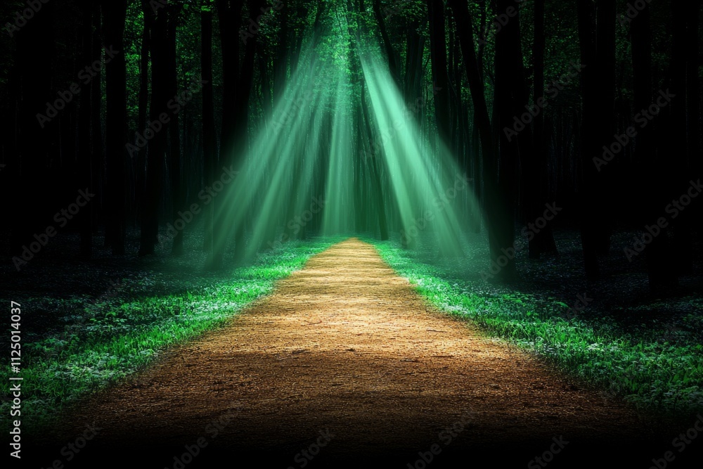 Poster a serene image of a foggy forest path illuminated by streaks of light, symbolizing the mystery of dr