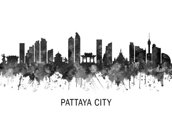 Obraz premium Pattaya City Skyline BW, abstract painting travel illustration urban art modern downtown landmarks skyscrapers colorful artwork architecture