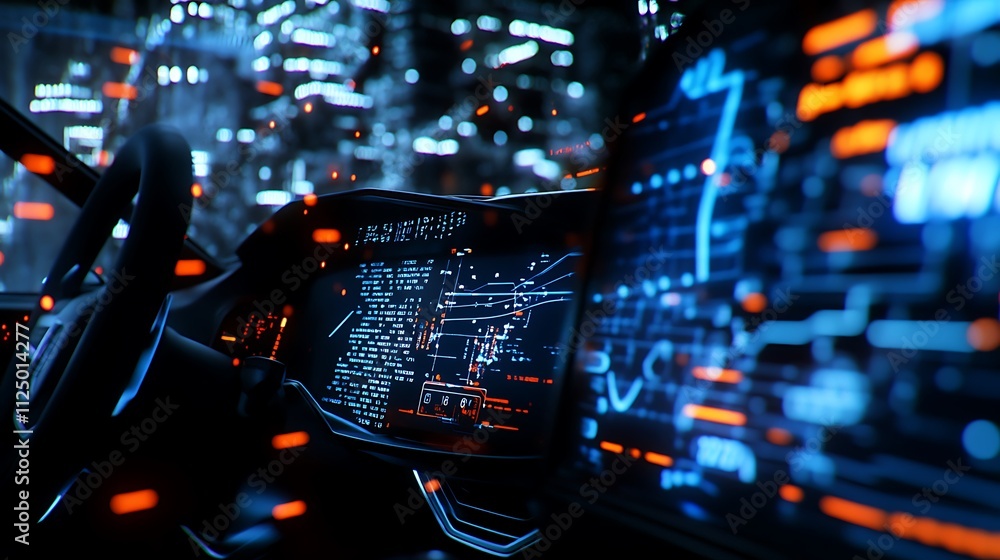 Poster futuristic car interior with high-tech dashboard displaying data and graphics