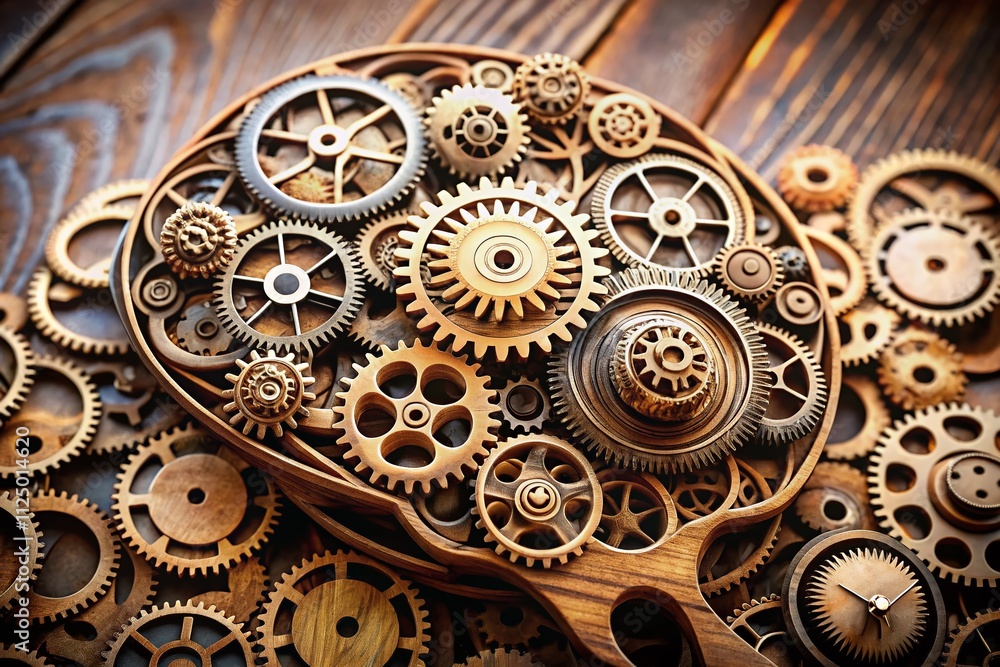 Poster close-up of a wooden brain model filled with intricate mechanical gears, symbolizing the fusion of h