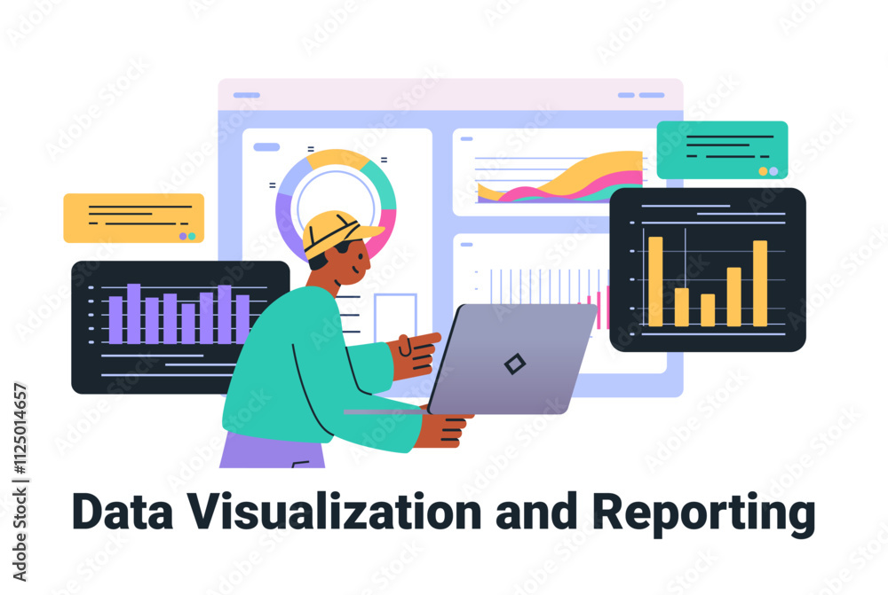 Poster data visualization concept with person analyzing graphs charts and laptop colorful dashboard element