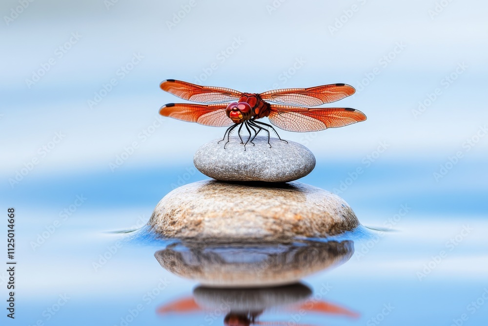 Aufkleber a serene photo of a dragonfly resting on a small rock surrounded by dewdrops in the early morning li