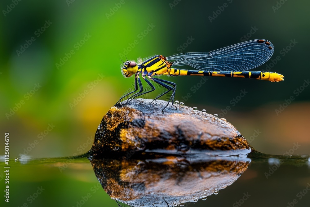 Poster a serene photo of a dragonfly resting on a small rock surrounded by dewdrops in the early morning li