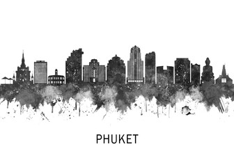 Obraz premium Phuket Thailand Skyline BW, abstract painting travel illustration urban art modern downtown landmarks skyscrapers colorful artwork architecture
