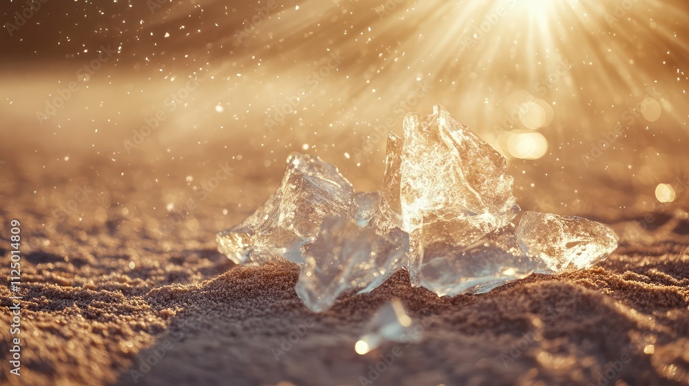 Poster frosted ice shards resting on parched desert soil, with fine frost particles glowing against the sta
