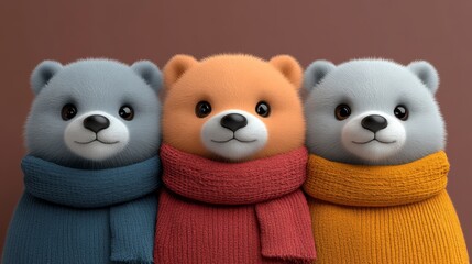 Adorable animated bears wearing colorful scarves in a cartoon style