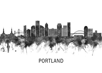 Portland Oregon Skyline BW, abstract painting travel illustration urban art modern downtown landmarks skyscrapers colorful artwork architecture