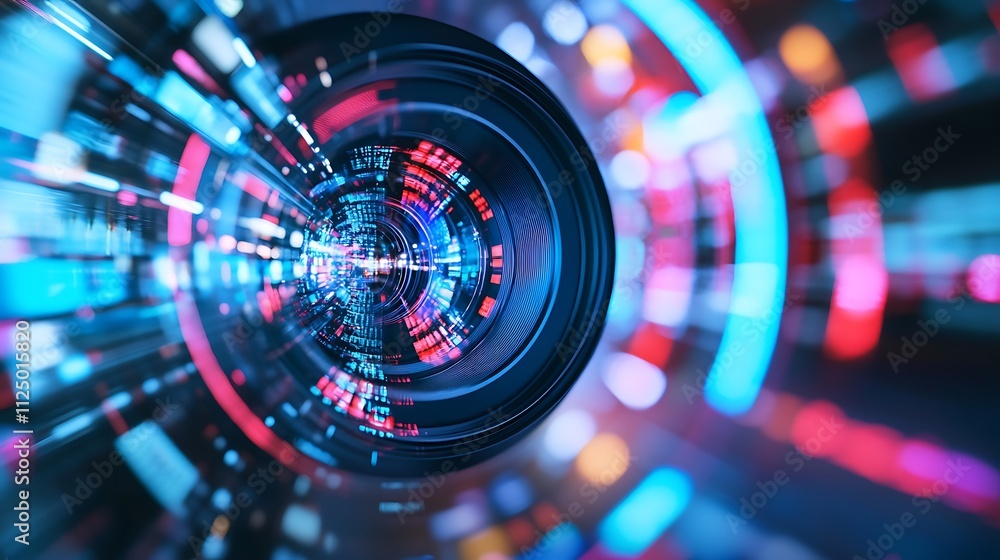 Poster dynamic visuals of a camera lens with colorful light trails and data streams