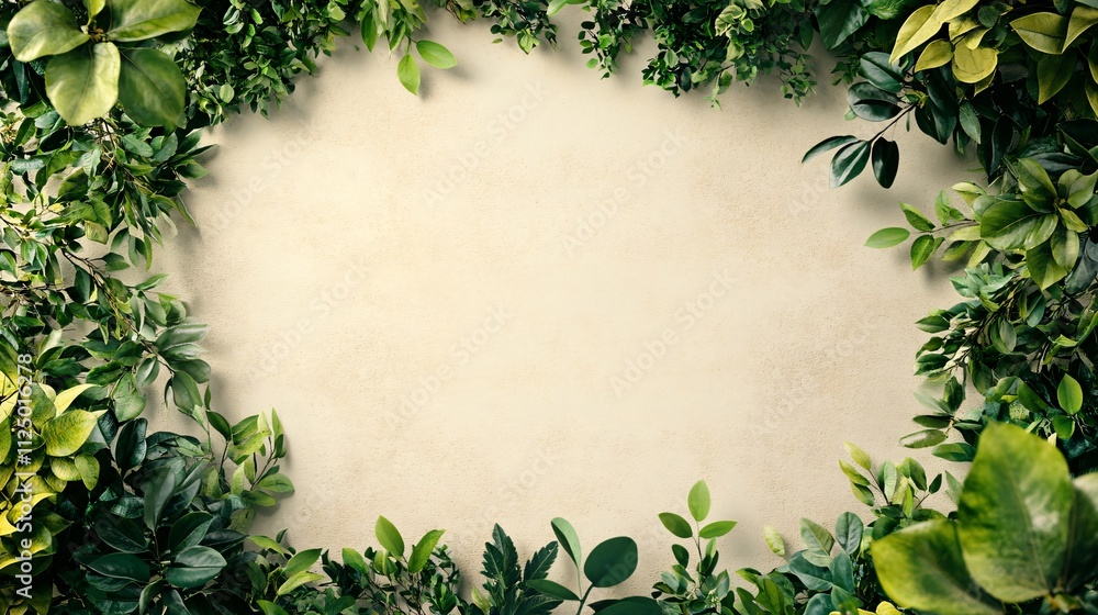 Poster Green leaves bordering neutral background creating empty space