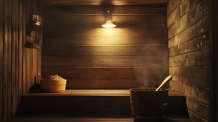 Warm, dimly lit sauna interior with wooden walls, bucket, scoop, and sand.